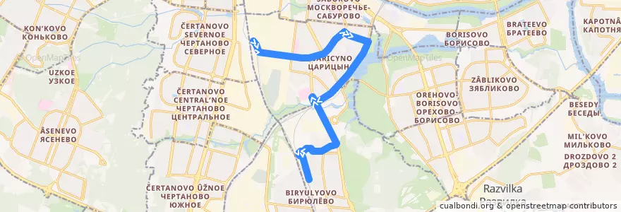 Mapa del recorrido Автобус 182: Платформа Чертаново => Станция Бирюлёво-Товарная de la línea  en Южный административный округ.