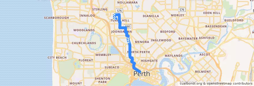 Mapa del recorrido 404 Tuart Hill → Perth Busport de la línea  en Austrália Ocidental.