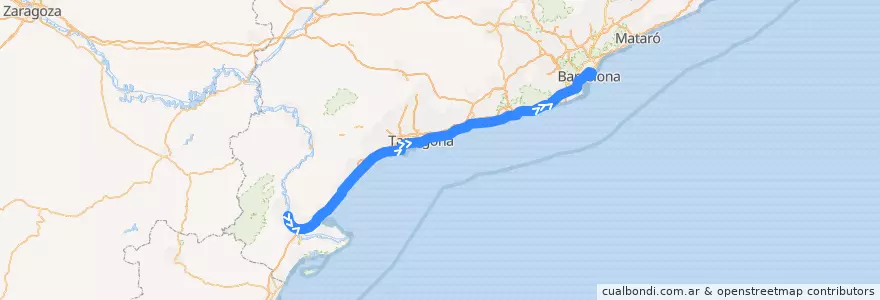 Mapa del recorrido R16: Barcelona Estació de França - Tortosa de la línea  en Catalunya.