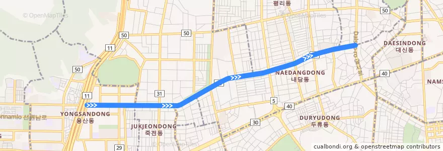 Mapa del recorrido 345 de la línea  en Daegu.