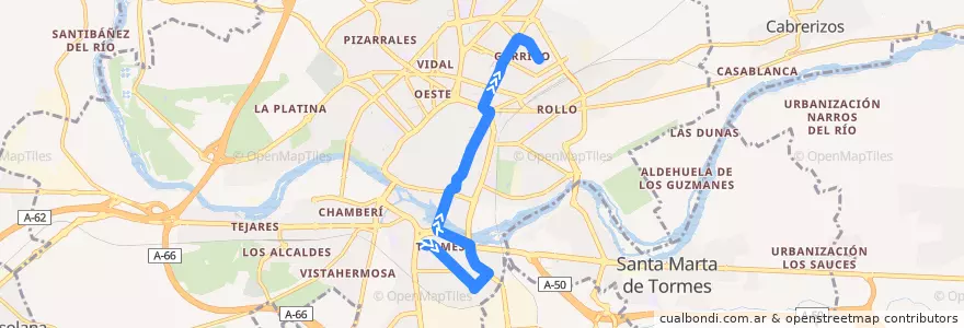 Mapa del recorrido 3. San José → Plaza → Garrido de la línea  en Salamanca.