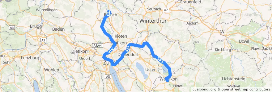 Mapa del recorrido S3: Bülach –> Wetzikon ZH de la línea  en Цюрих.