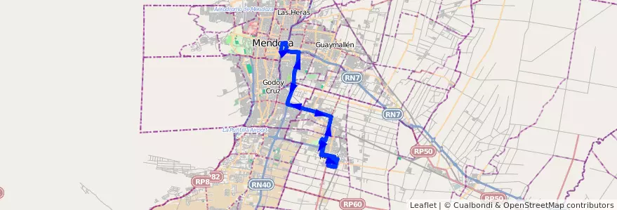 Mapa del recorrido 155 - Mendoza - Expreso por Maza de la línea G10 en Mendoza.