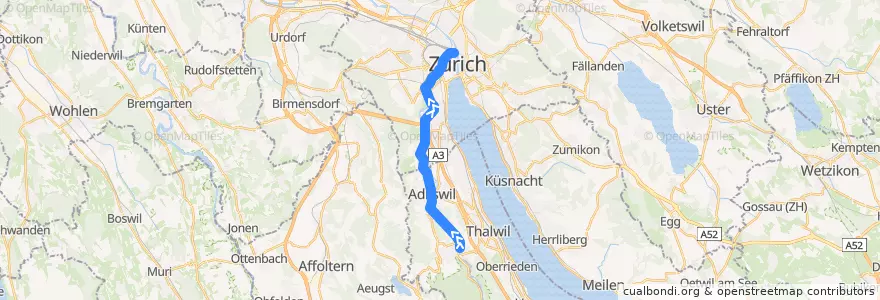 Mapa del recorrido S4: Langnau-Gattikon –> Zürich HB de la línea  en زوریخ.