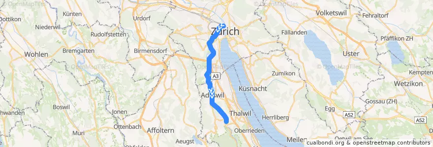 Mapa del recorrido S4: Zürich HB –> Langnau-Gattikon de la línea  en زوریخ.
