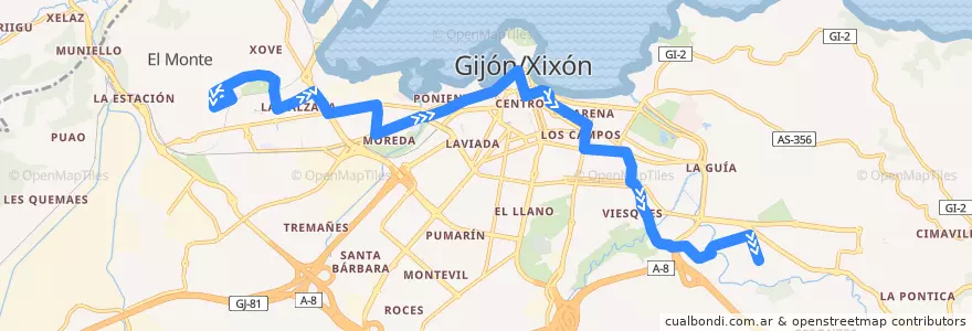 Mapa del recorrido Linea 4 El Lauredal - Campus Universitario de la línea  en Gijón/Xixón.