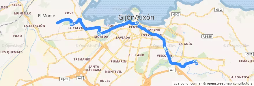 Mapa del recorrido Linea 4 - El Lauredal - Campus Universitario de la línea  en Gijón/Xixón.