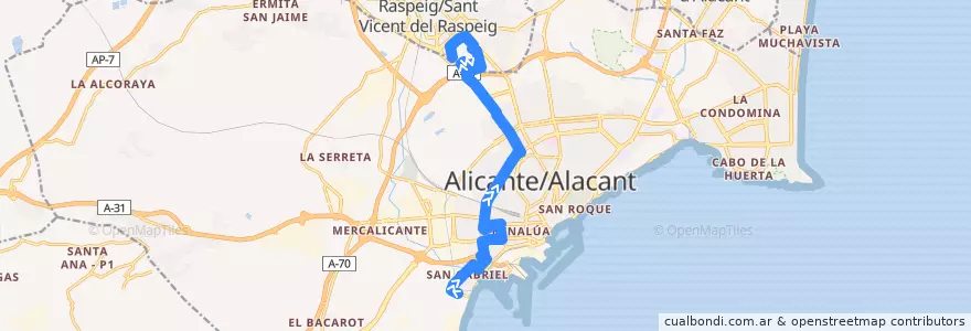 Mapa del recorrido 36: San Gabriel ⇒ Universidad de la línea  en Alacant / Alicante.
