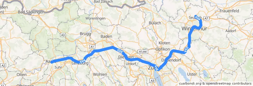 Mapa del recorrido S11: Seuzach –> Aarau de la línea  en Schweiz/Suisse/Svizzera/Svizra.