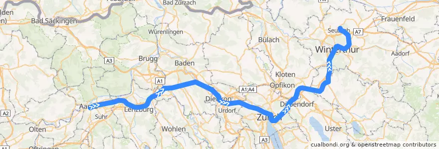 Mapa del recorrido S11: Aarau –> Seuzach de la línea  en Schweiz/Suisse/Svizzera/Svizra.