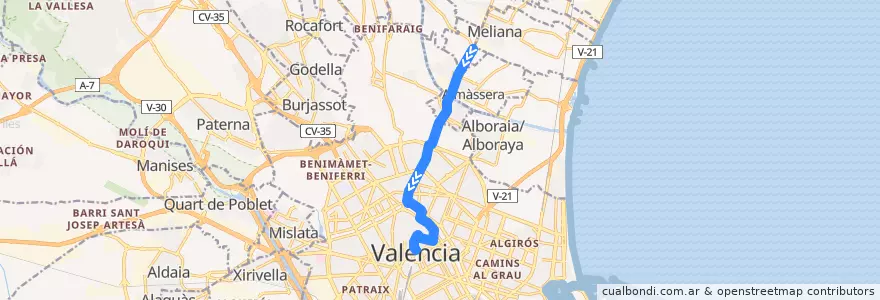 Mapa del recorrido Bus 16: Vinalesa => Pl. de l'Ajuntament de la línea  en Comarca de València.