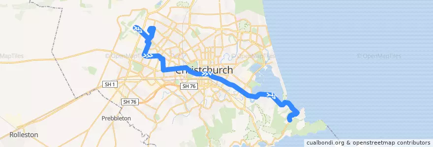 Mapa del recorrido Purple Line (Airport-Sumner) de la línea  en Christchurch City.