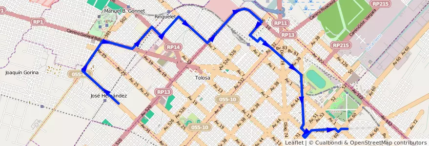 Mapa del recorrido 16 de la línea Norte en Partido de La Plata.