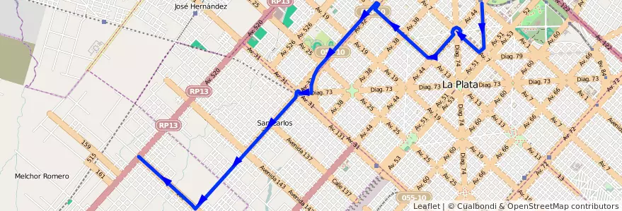 Mapa del recorrido 16 de la línea Oeste en Partido de La Plata.