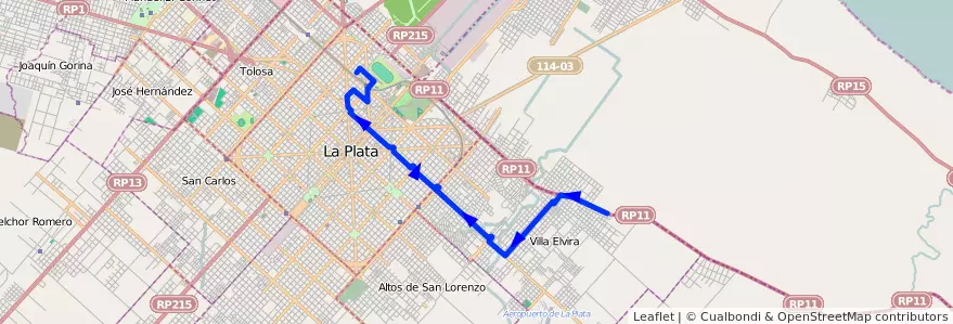Mapa del recorrido 16 de la línea Este en Partido de La Plata.