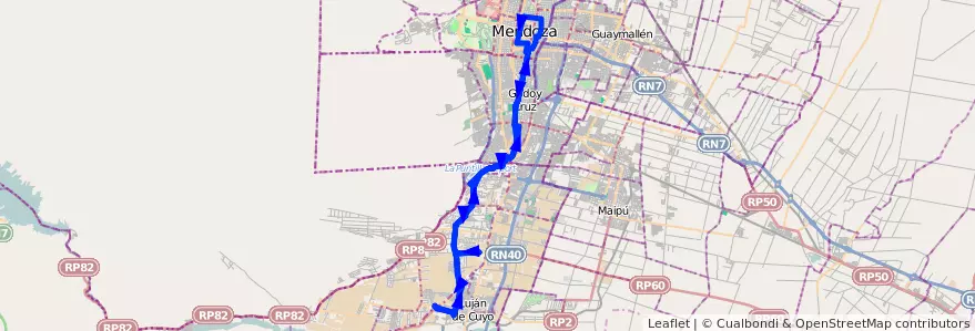 Mapa del recorrido 16 - Lujan - Chacras por San Martin Sur de la línea G01 en Mendoza.