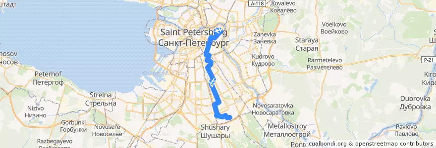 Mapa del recorrido Автобус № 74: площадь Пролетарской Диктатуры => Малая Балканская улица de la línea  en Санкт-Петербург.