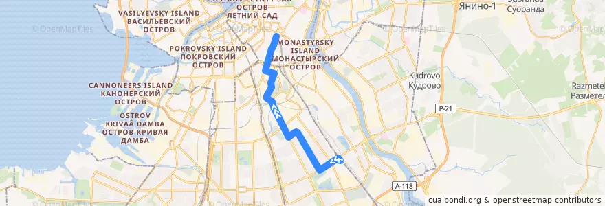 Mapa del recorrido Автобус № 76: ж/д станция «Сортировочная» => Московский вокзал de la línea  en Фрунзенский район.