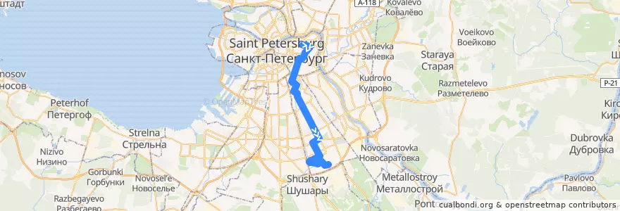 Mapa del recorrido Автобус № 54: Кирочная улица => Малая Балканская улица de la línea  en Санкт-Петербург.