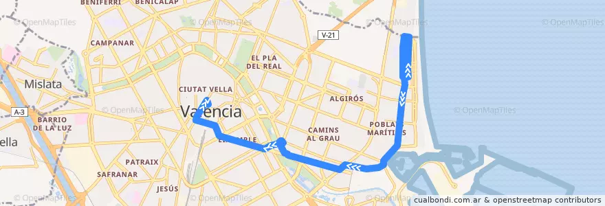 Mapa del recorrido Bus 19: la Marina/la Malva-rosa => Pl. de l'Ajuntament de la línea  en Comarca de València.
