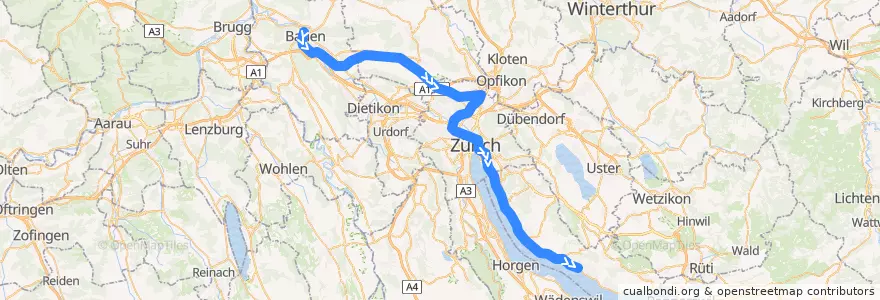 Mapa del recorrido S6: Baden –> Uetikon am See de la línea  en Zürich.