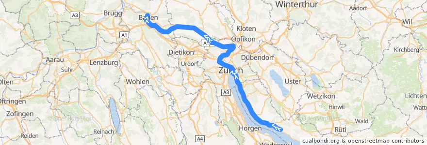 Mapa del recorrido S6: Uetikon am See –> Baden de la línea  en Цюрих.