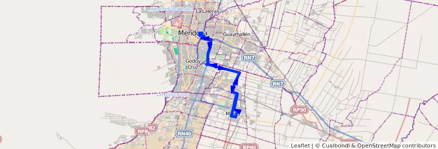 Mapa del recorrido 161 - Expreso de la línea G07 en メンドーサ州.