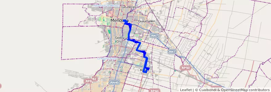 Mapa del recorrido 161 - Expreso Urquiza de la línea G09 en Mendoza.