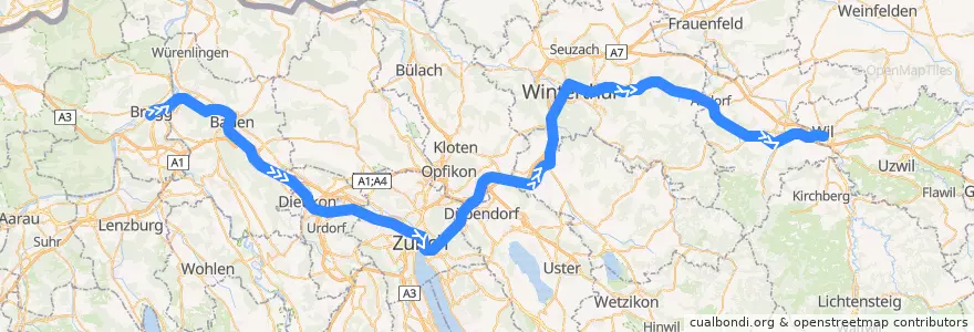 Mapa del recorrido S12: Brugg AG –> Wil SG de la línea  en Svizzera.
