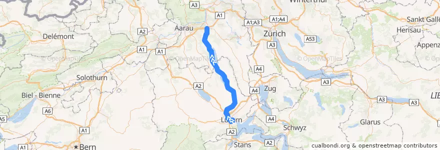 Mapa del recorrido S9: Luzern => Lenzburg de la línea  en Schweiz/Suisse/Svizzera/Svizra.