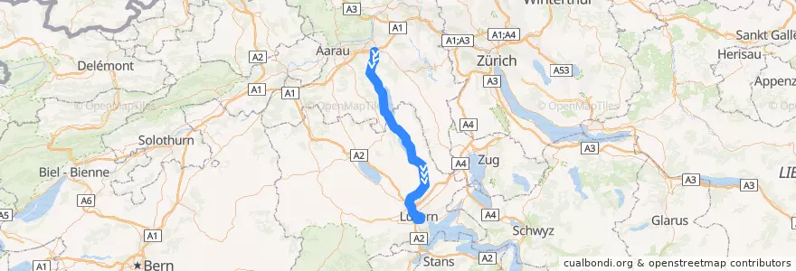 Mapa del recorrido S9: Lenzburg => Luzern de la línea  en Schweiz/Suisse/Svizzera/Svizra.