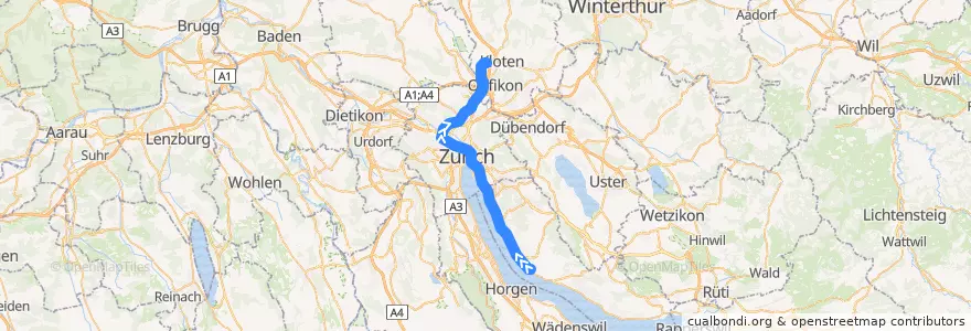Mapa del recorrido S16: Herrliberg-Feldmeilen –> Zürich Flughafen de la línea  en Zürih.