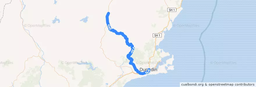 Mapa del recorrido Taieri Gorge Railway de la línea  en Dunedin City.