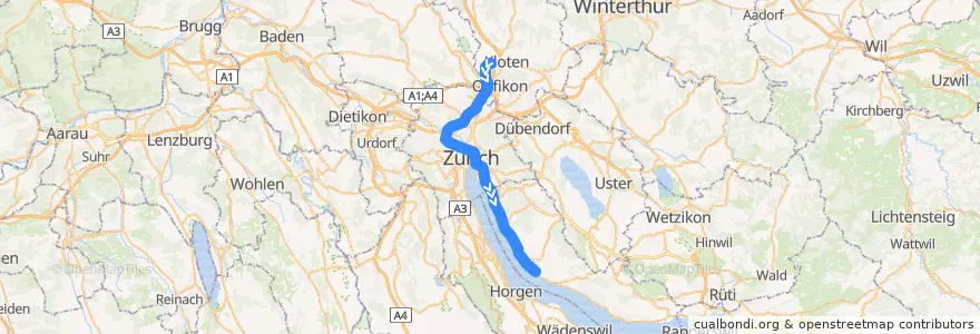 Mapa del recorrido S16: Zürich Flughafen –> Herrliberg-Feldmeilen de la línea  en 취리히.