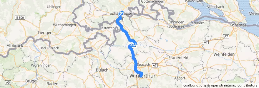 Mapa del recorrido S33: Schaffhausen –> Winterthur de la línea  en Zürih.
