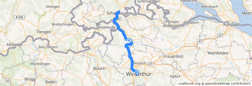 Mapa del recorrido S33: Winterthur –> Schaffhausen (Sommerbetrieb) de la línea  en チューリッヒ.