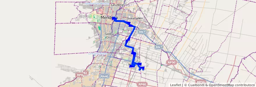 Mapa del recorrido 162 - Maipú - Mendoza - Barrio Malcayae - Hospital Italiano de la línea G09 en Mendoza.