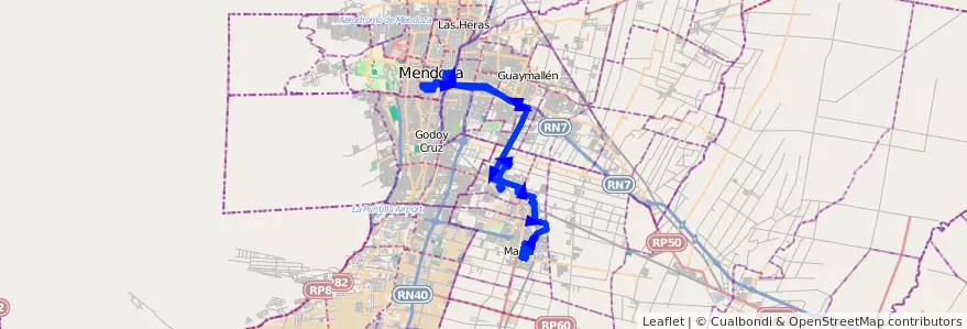 Mapa del recorrido 162 - Maipú - Mendoza * Boedo * Casa De Gobierno de la línea G07 en Мендоса.