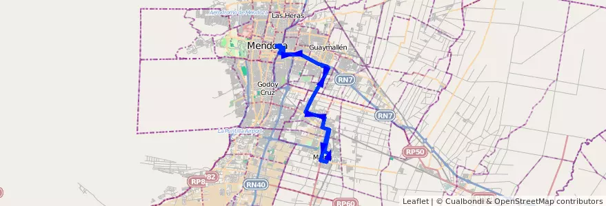 Mapa del recorrido 162 - Maipú - Mendoza por Acceso Este - Troncal de la línea G09 en Mendoza.
