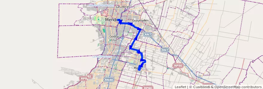 Mapa del recorrido 162 - Maipú - Mendoza por Boedo - Hospital Italiano de la línea G09 en メンドーサ州.