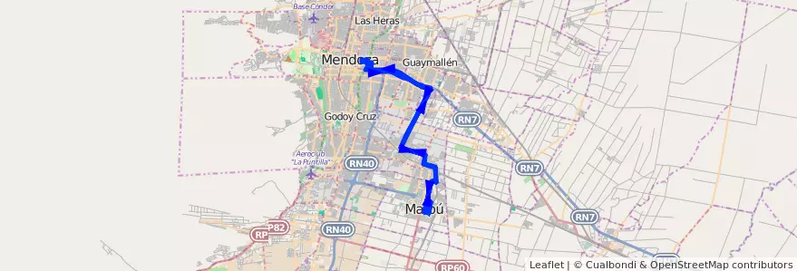 Mapa del recorrido 162 - Maipú - Mendoza por Pescara - Hospital Italiano de la línea G09 en Mendoza.