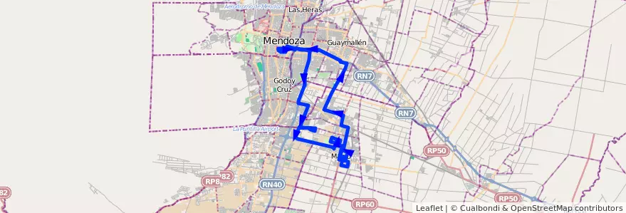Mapa del recorrido 162 - Maipú- Mendoza- Troncal - Casa Gobierno - Terrada de la línea G09 en Мендоса.