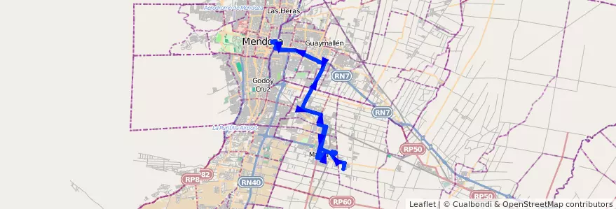 Mapa del recorrido 162 - Mendoza- Bº Jazmines-Bº Malcayae- Hosp. Italiano  de la línea G09 en Мендоса.