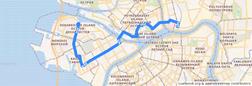 Mapa del recorrido Трамвай № 6: площадь Ленина => улица Кораблестроителей de la línea  en Saint-Pétersbourg.
