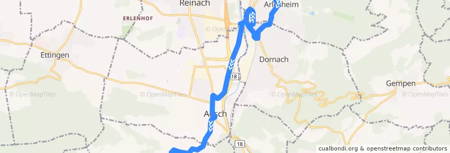 Mapa del recorrido Bus 65: Arlesheim, Dorf => Pfeffingen, Bergmattenweg de la línea  en Bezirk Arlesheim.