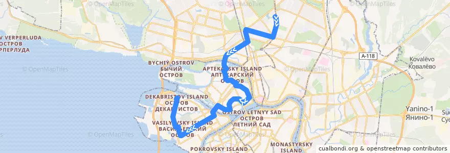Mapa del recorrido Трамвай № 40: Тихорецкий проспект => Детская улица de la línea  en Санкт-Петербург.