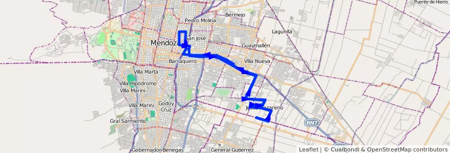 Mapa del recorrido 163 - Jesús Nazareno - Mendoza - Hospital Italiano de la línea G09 en Departamento Guaymallén.