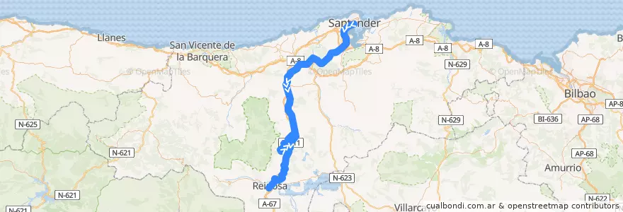 Mapa del recorrido C-1 Santander-Reinosa de la línea  en كانتابريا.