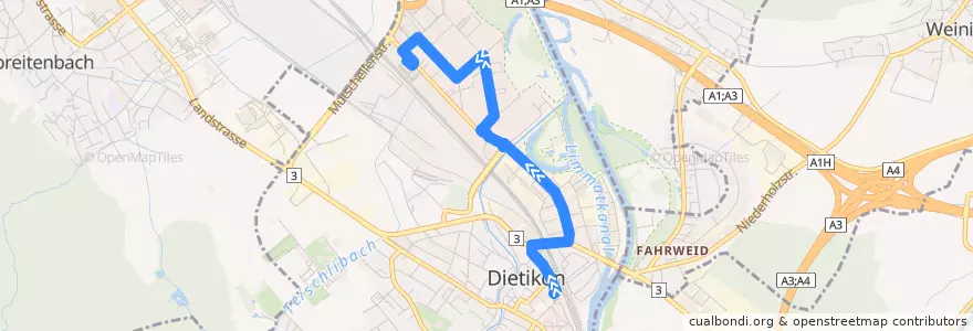 Mapa del recorrido Bus 309: Dietikon, Bahnhof → Silbern de la línea  en Dietikon.