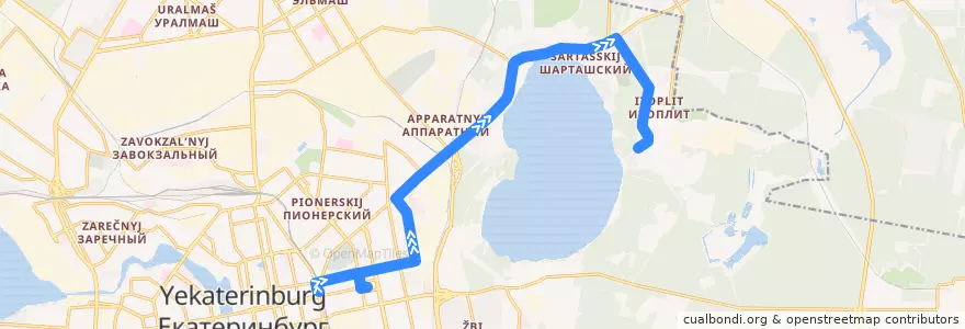 Mapa del recorrido Автобус 10. Автостанция Восточная - Посёлок Изоплит de la línea  en Yekaterinburg Municipality.